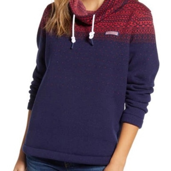 Vineyard Vines Hi Neck Sweater Fleece Womens Medium Blue Red Fair Isle Pullover - Picture 1 of 12